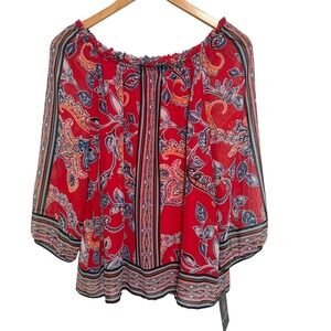 I.N. Studio Blouse Women PM Red Paisley Boho Off The Shoulder Top New